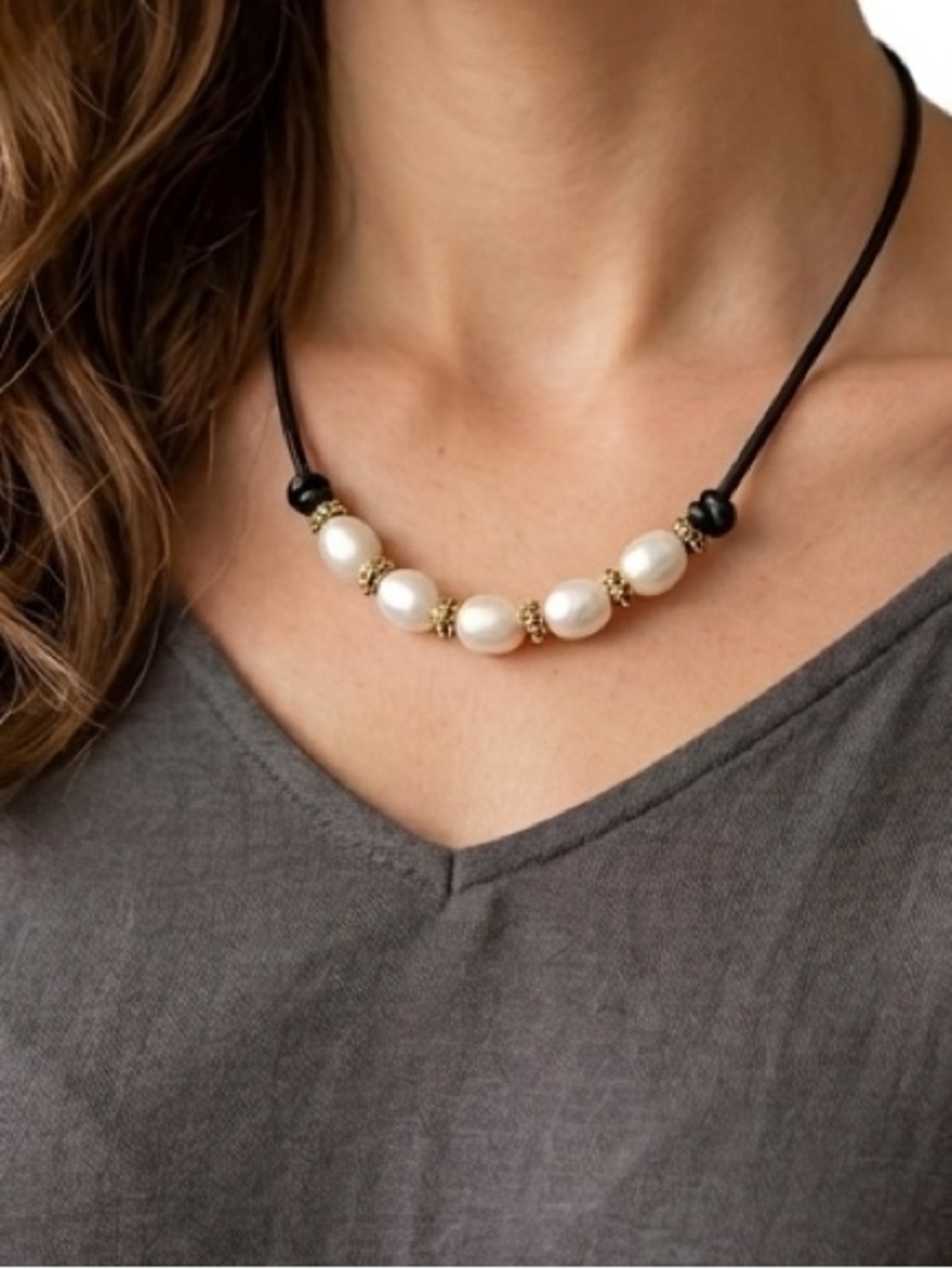 Sundance 14k Yellow Gold Pearl Bead Leather Cord Choker Necklace NEW